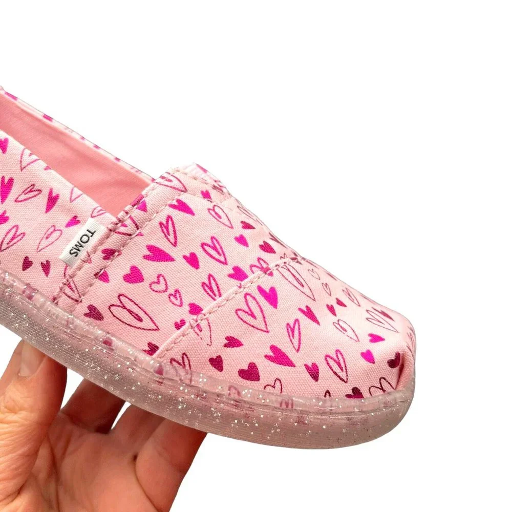 Toms Little Girls Alpargata‎ Shoes Size 13 Pink Heart Print Slip on Lightweight